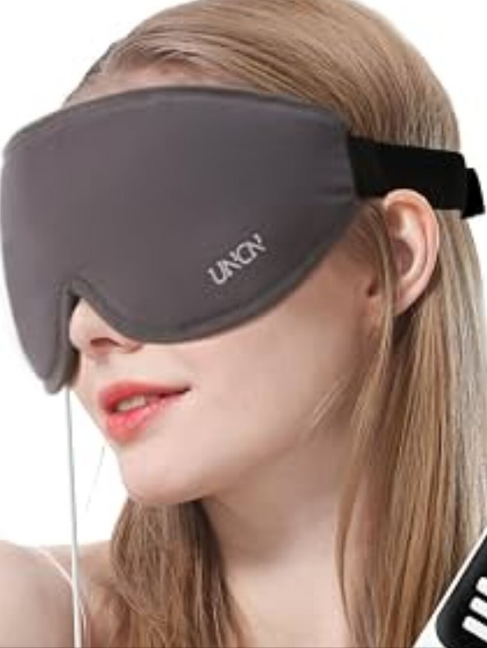 gray UNCN Heated Eye Mask featuring an attached USB cord and inline temperature/